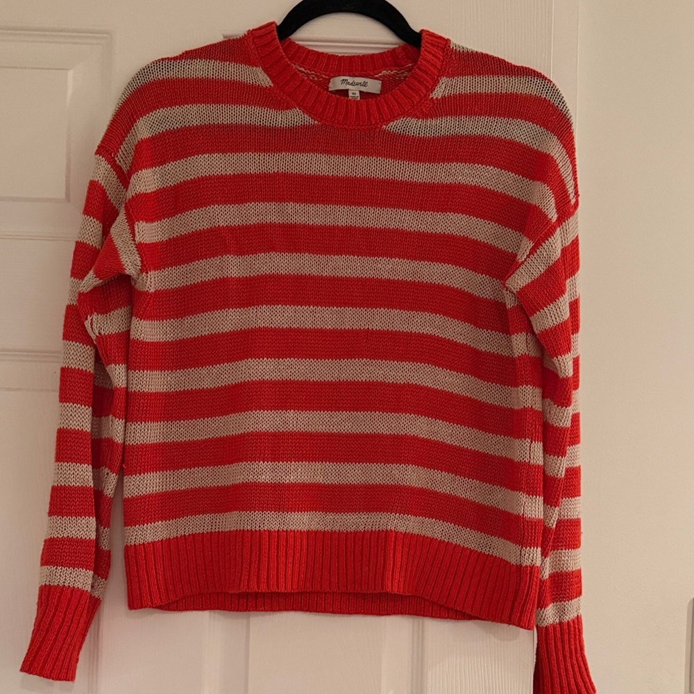 Madewell Red and Cream Striped Crewneck Sweater